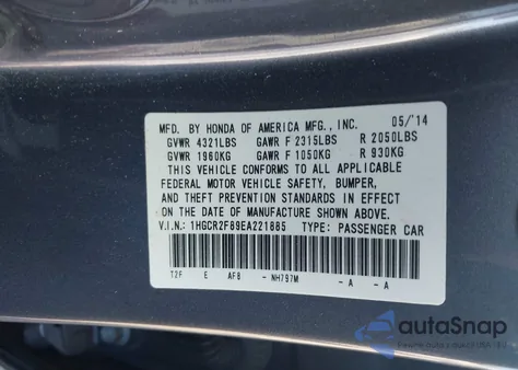 2014 Honda Accord Ex-L from USA, damaged, VIN 1HGCR2F89EA221885
